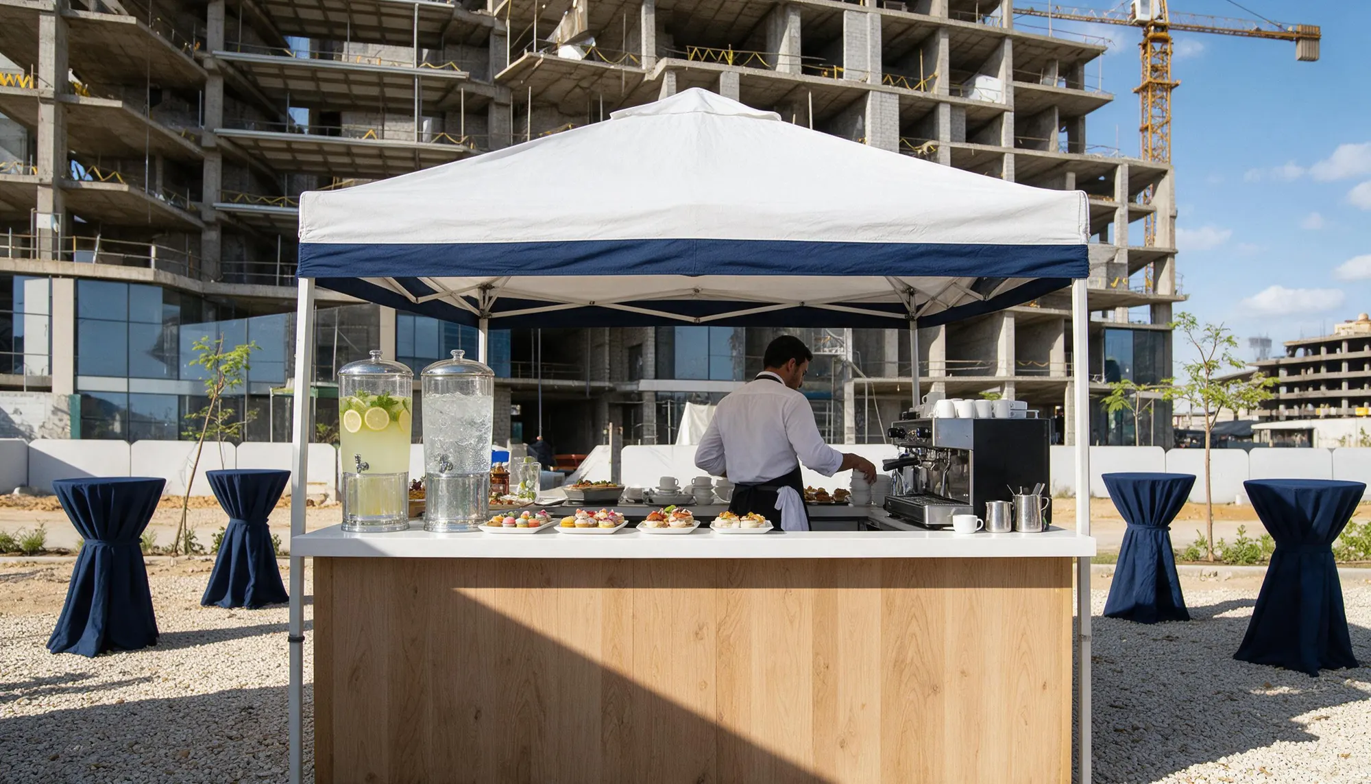 Concept render: white tent catering corner with oak counter on site