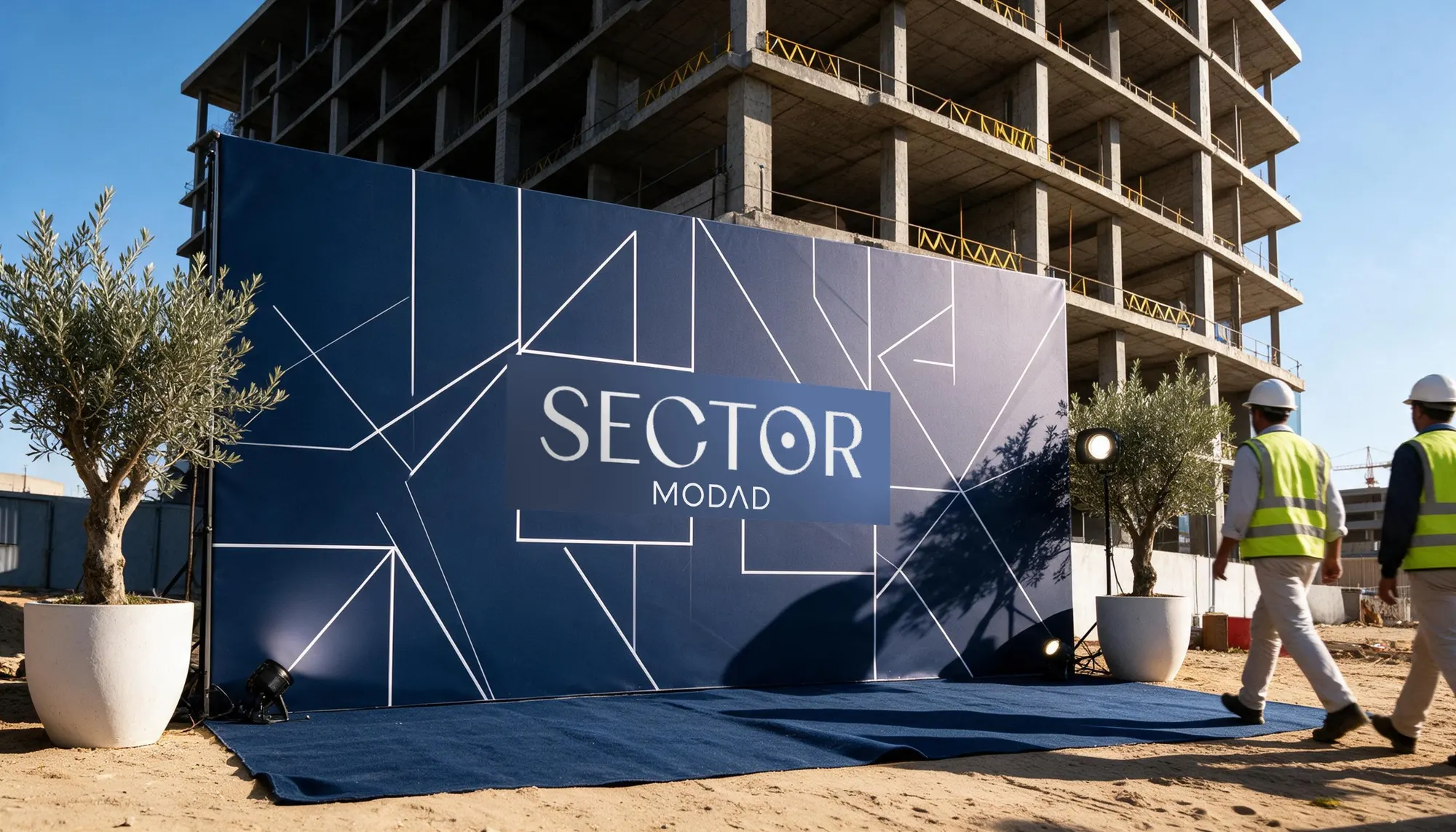 Concept render: navy SECTOR media wall on site